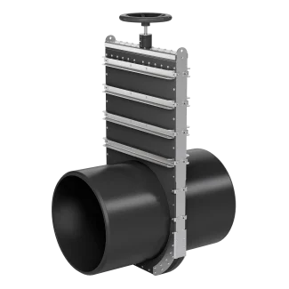 WaGate® gate valve with handwheel mounted on a black plastic pipe WaGate® gate valve with handwheel mounted on a black plastic pipe