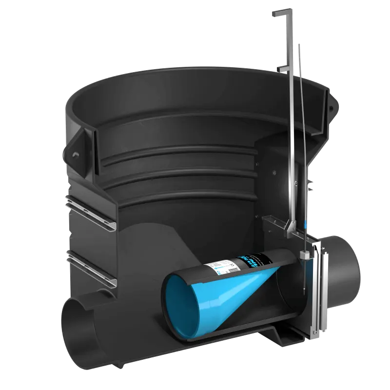 Wapro WaStop Access DN160 check valve eliminates recurring flooding in residential properties Köping with blue handle for easy access and maintenance