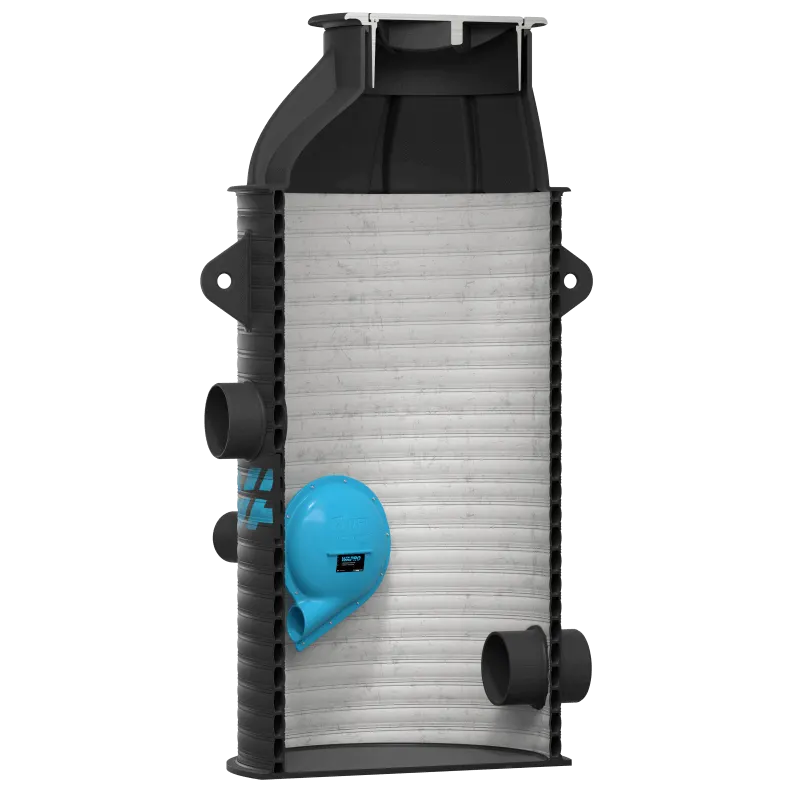 Genomskuren specialbrunn med blå FluidVertic flödesregulator monterad på insidan