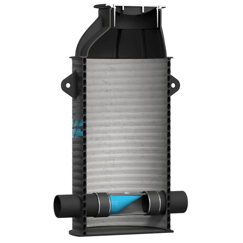 Genomskuren specialbrunn från Wapro med en WaStop® backventil monterad i utloppsröret
