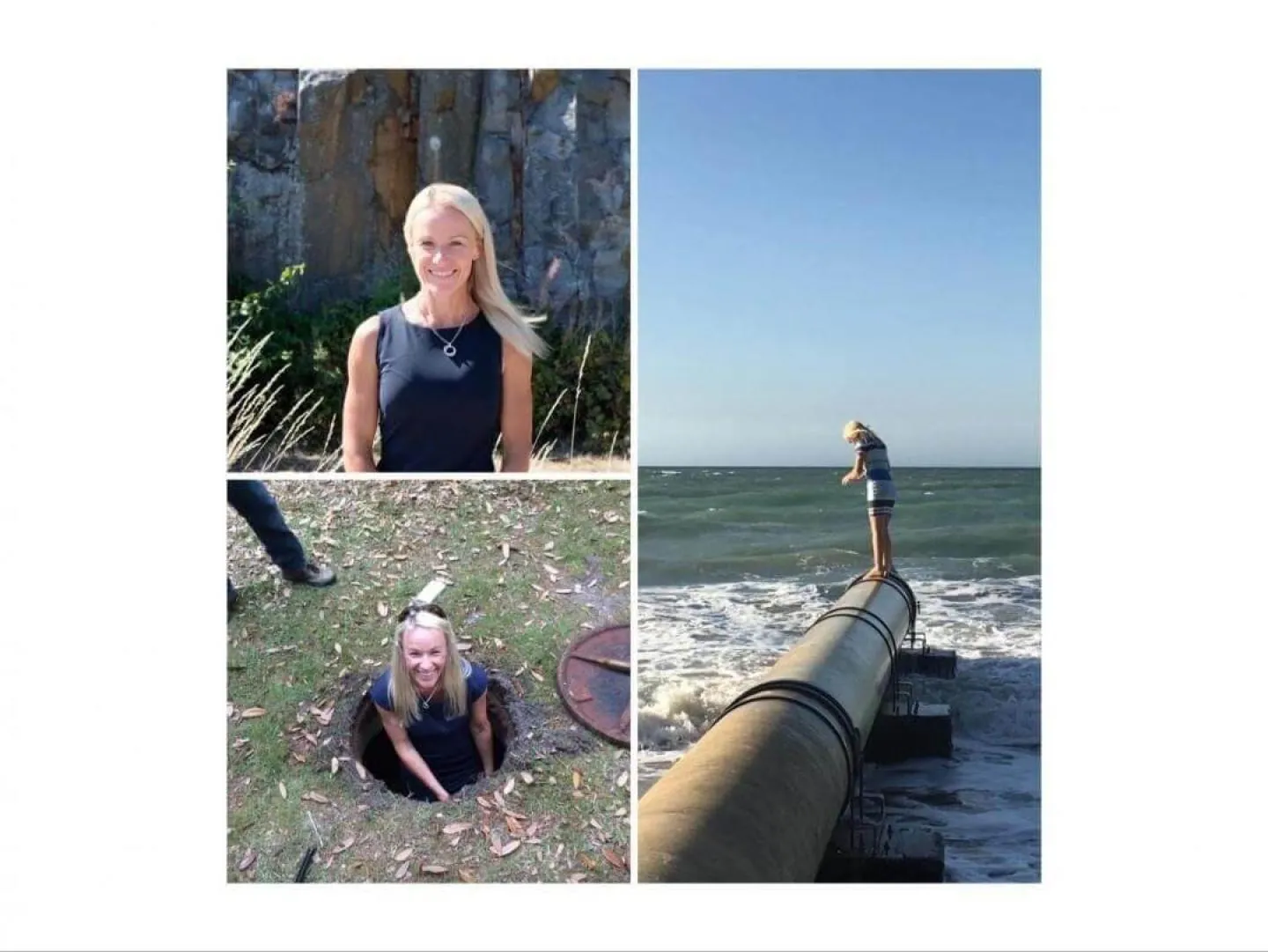 Collage of Kerry Olsson, Wapro International Sales Manager: portrait, in a manhole and on an outfall pipe by the sea