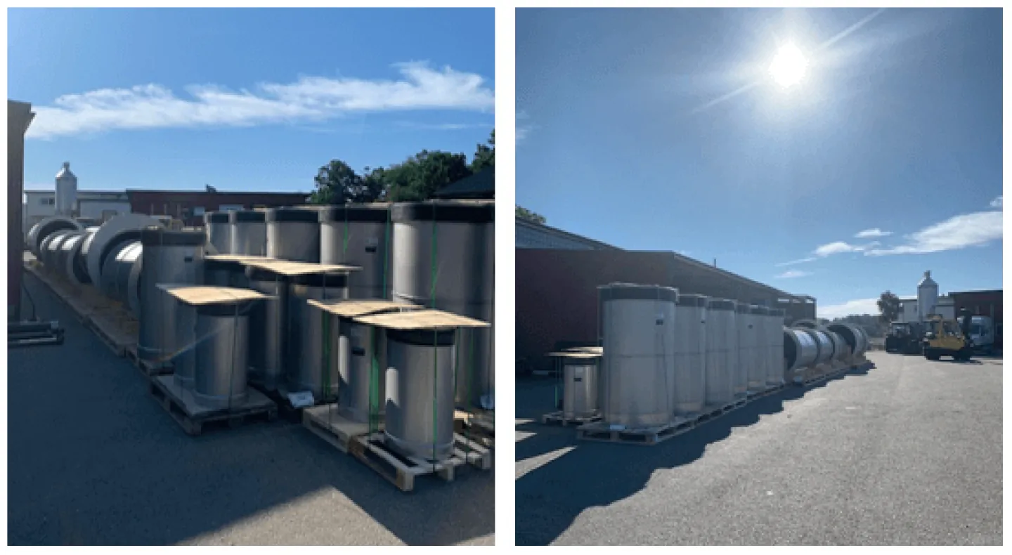 Large stainless steel WaStop valves on pallets outside the factory, ready for dispatch as Wapro grows despite the crisis