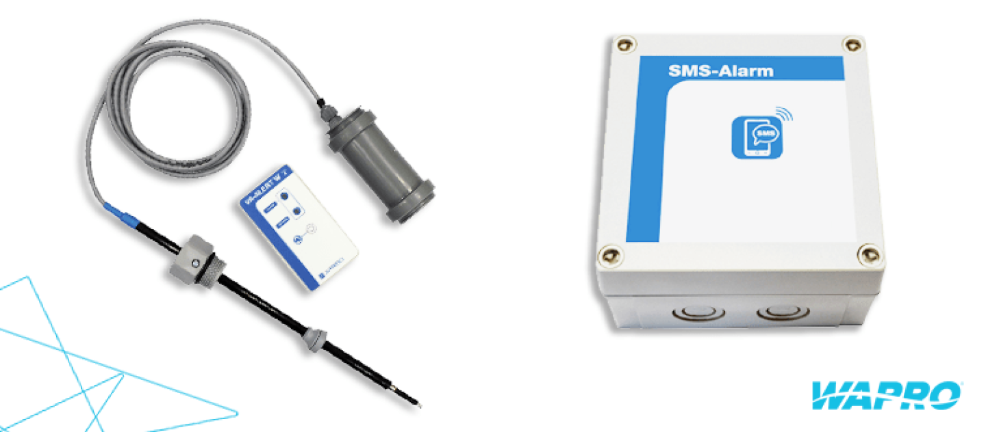 Neuer SMS-Alarm von Wapro als Wasserstandwarnung: weißes Gehäuse mit Aufschrift SMS-Alarm, Pegelsensor mit Kabel Neuer SMS-Alarm von Wapro als Wasserstandwarnung: weißes Gehäuse mit Aufschrift SMS-Alarm, Pegelsensor mit Kabel