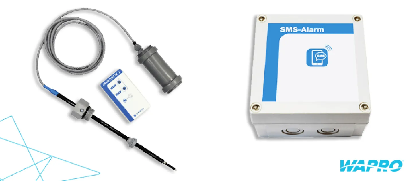 Wapro's new SMS alarm for level alarms: white enclosure labelled SMS-Alarm with a level sensor, cable and control unit