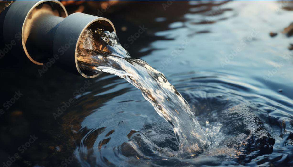 Wasser strömt aus einem Rohr in eine Wasserfläche – Symbolbild für die Auswirkungen von Überschwemmungen Wasser strömt aus einem Rohr in eine Wasserfläche – Symbolbild für die Auswirkungen von Überschwemmungen